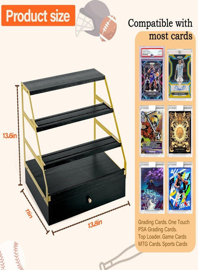 Poyilooo Trading Card Display, 3-Tier Baseball Card Storage with Drawer, Wood Graded Card Display, Sports Card Display Case for Card Game Collection-Trading Card Holder Christmas Gifts (Blackgold) - Image 5